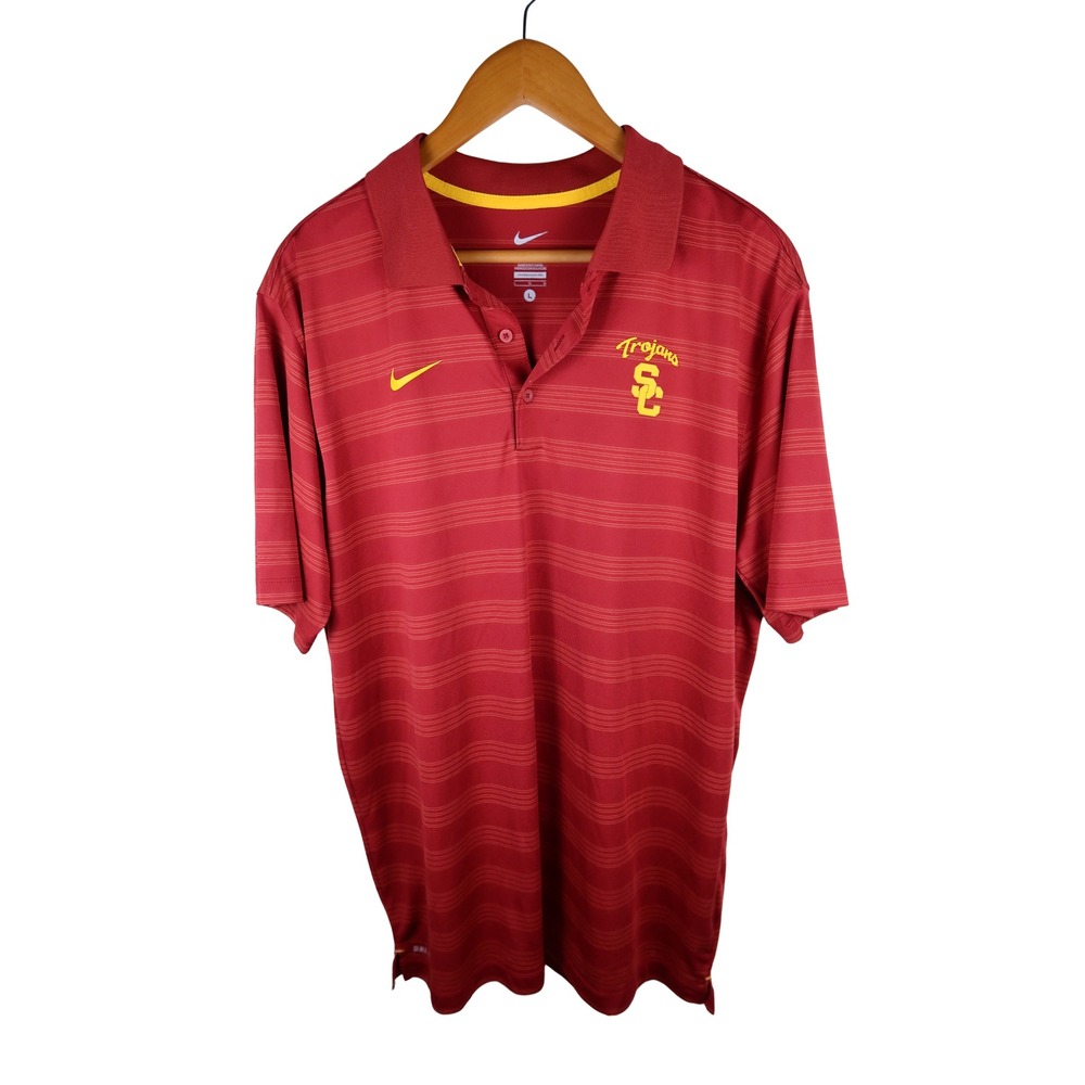 Nike USC Trojans Dri-FIT Polo Shirt Mens Large Red Striped NCAA Football Logo
